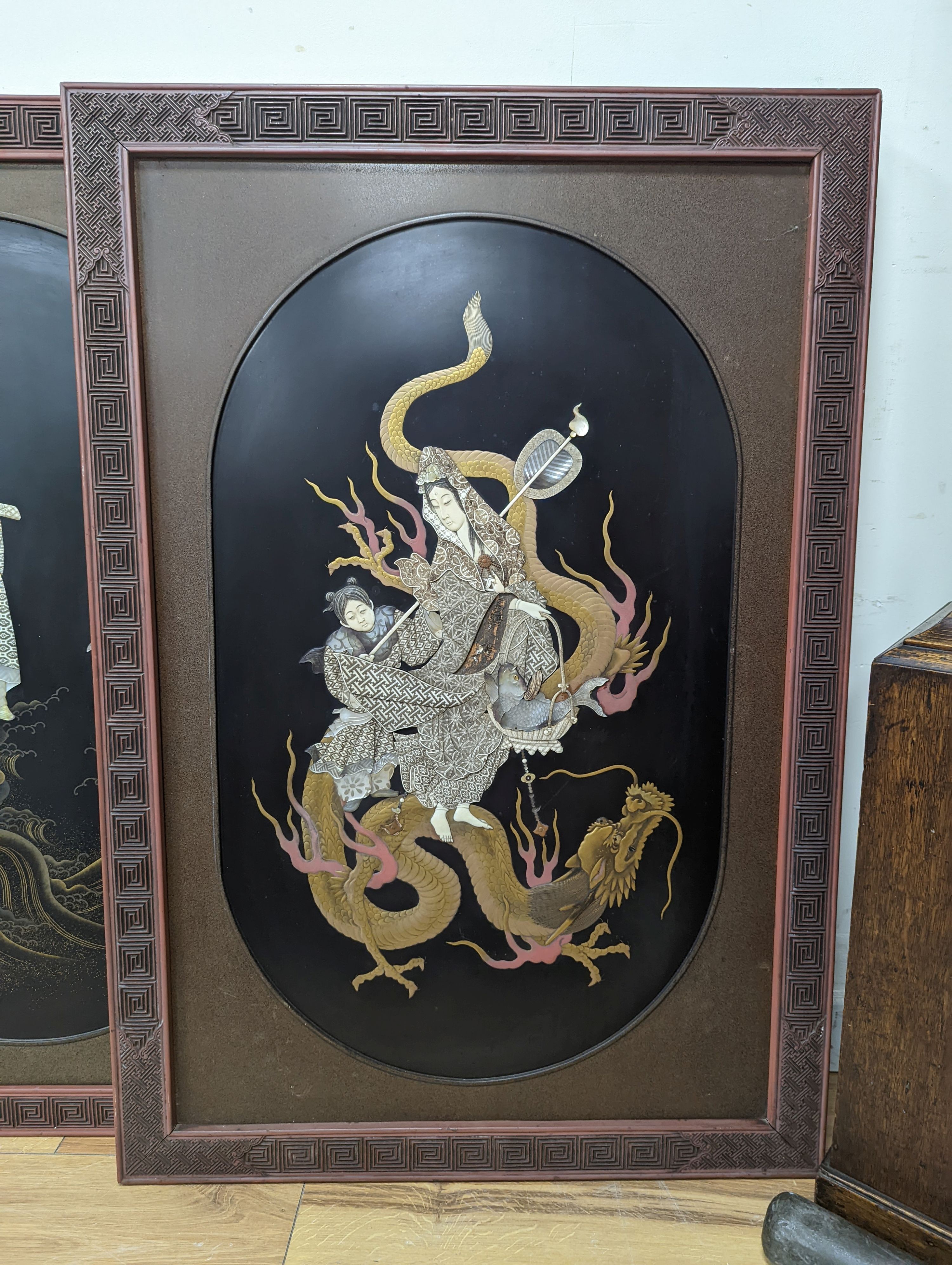 A pair of Japanese Shibayama panels, Meiji period, with cinnabar lacquer frames